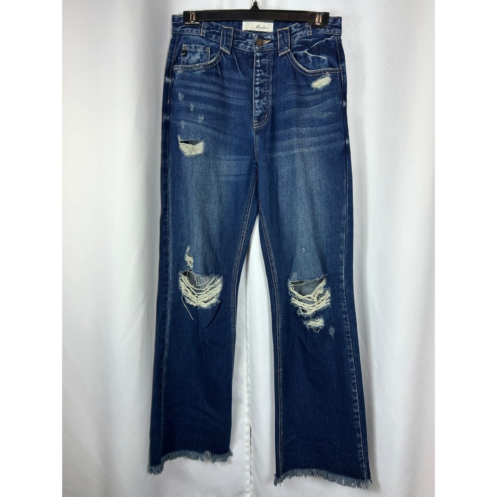 Kancan Boho Distressed Flare Jeans Medium Wash Raw Hem Button Fly Size 5/26